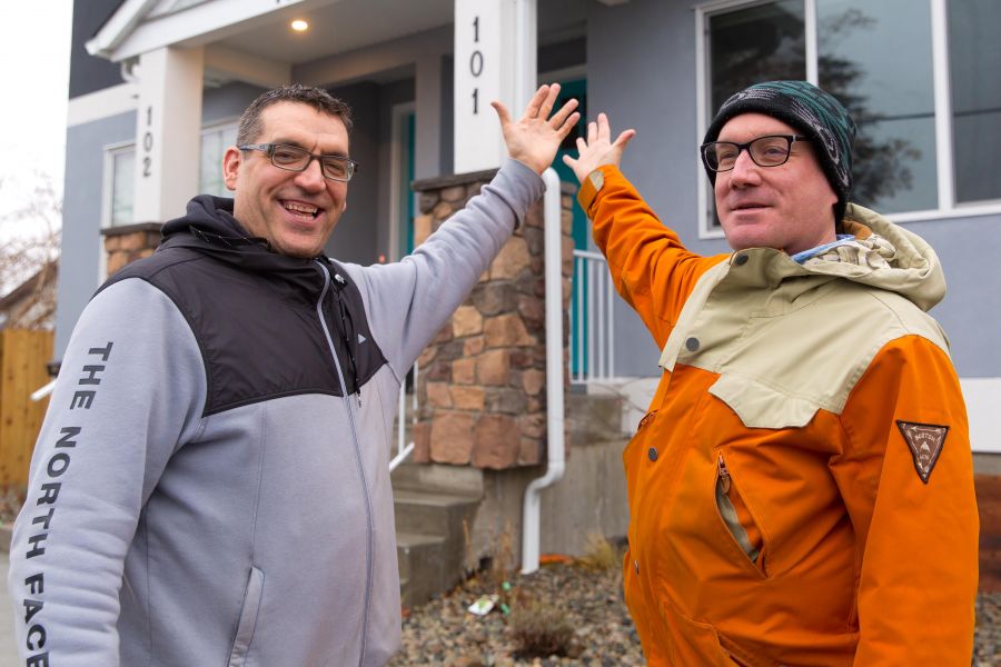 <who>Photo Credit: NowMedia/Gord Goble</who> Blaine Russell (left), Jerome Abraham celebrate new house on Edna Ave.