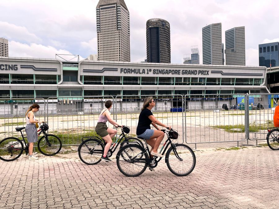 <who>Photo credit: Steve MacNaull/NowMedia Group</who>Our Let’s Go bike tour covers part of Formula 1 Singapore Grand Prix racetrack.