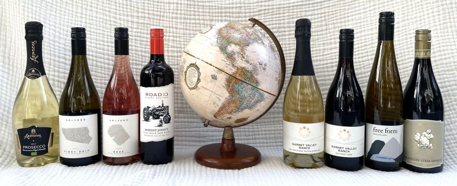 <who>Photo credit: Steve MacNaull/NowMedia Group</who>The Earth Day line up, from left, Tenute Arnaces Brut Prosecco ($24), Solvero 2023 Pinot Gris ($25), Solvero 2023 Rose ($25), Road 13 Honest John's 2021 Bold Red ($24), Garnet Valley ranch 2016 traditional Method Sparkling ($50), Garnet Valley Ranch 2021 Pinot Noir ($45), Free Form 2020 Riesling ($35) and Blasted Church 2021 Mourvedre Syrah Grenache ($40).